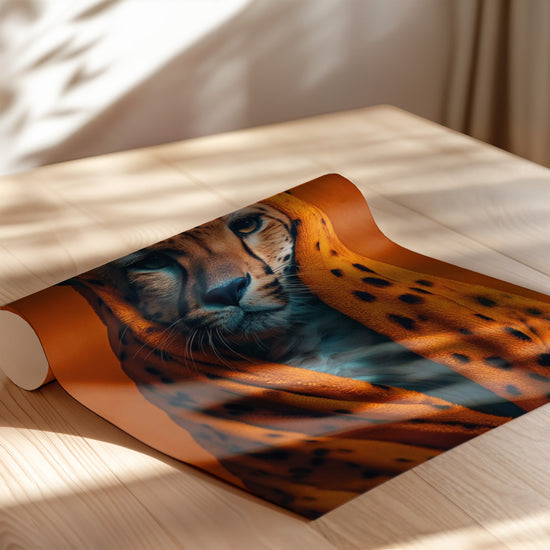 Poster Guépard - Regard fauve sur fond orange audacieux — Vierge - poster-enroullé