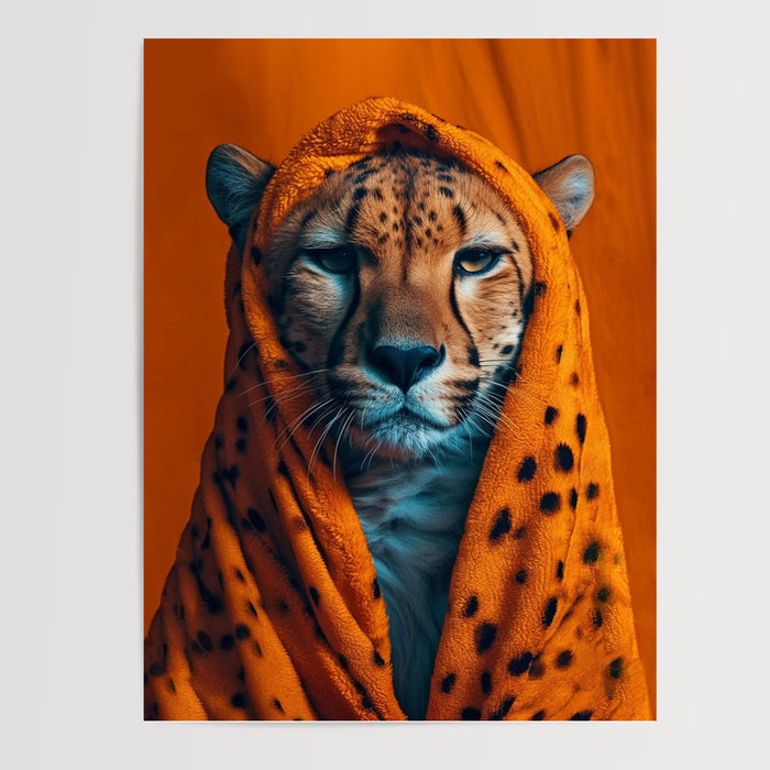 Poster Guépard - Regard fauve sur fond orange audacieux — Vierge - poster-presentation-produit