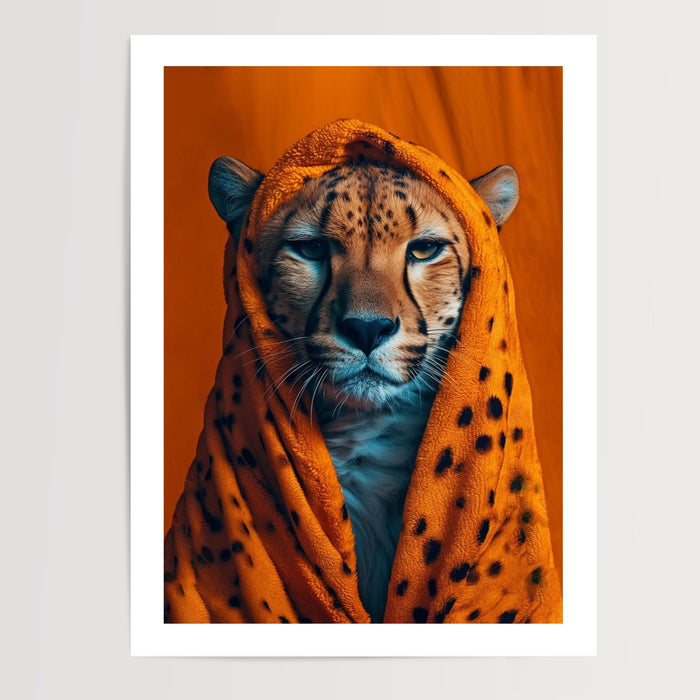 Poster Guépard - Regard fauve sur fond orange audacieux — Vierge - poster-presentation-produit — passe-partout blanc