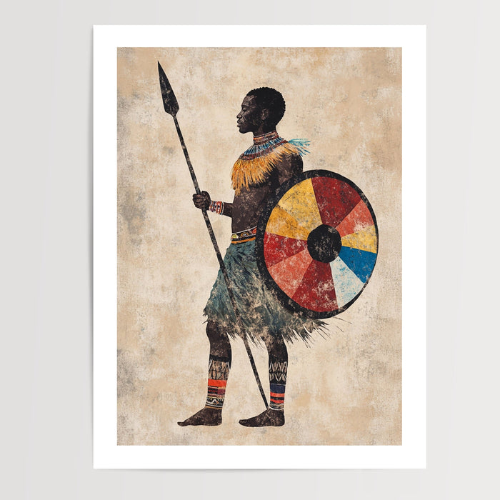 Poster Guerrier africain - Lance, bouclier et fierté zouloue — Vierge - poster-presentation-produit — passe-partout blanc