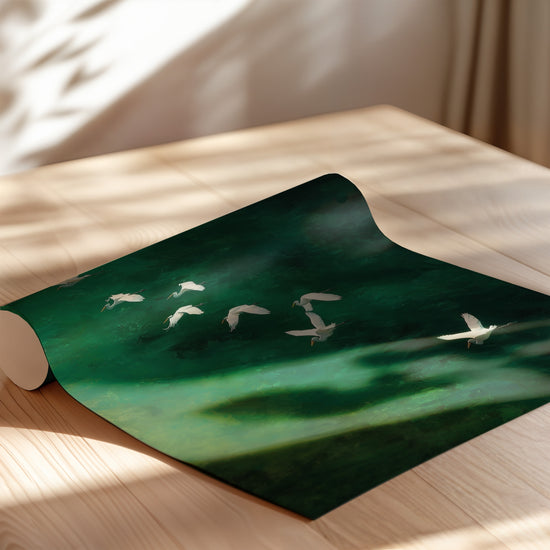Poster Hérons blancs - Envol paisible sur une eau émeraude — Vierge - poster-enroullé