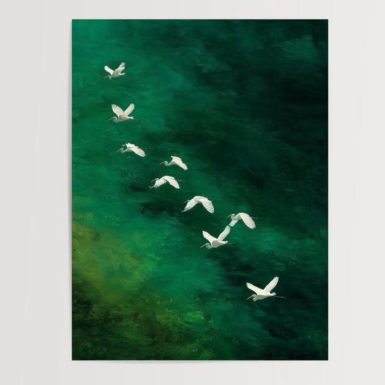 Poster Hérons blancs - Envol paisible sur une eau émeraude — Vierge - poster-presentation-produit