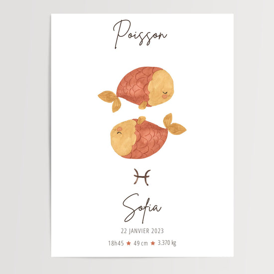 Poster personnalisé horoscope poisson pour chambre bébé avec prénom date naissance et illustration aquarelle douce
