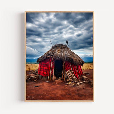 Poster Afrikanische Hütte – Rote Erde & Strohdach