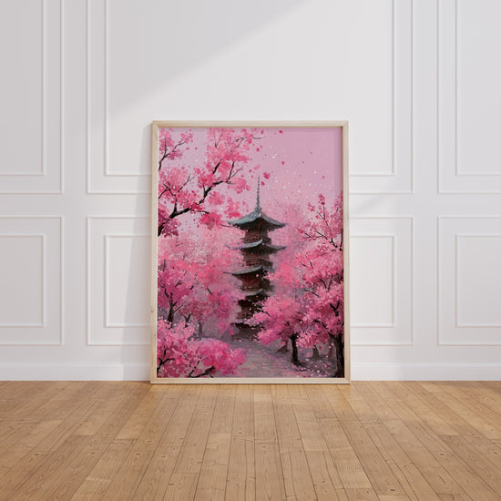 Poster Japon pagode et cerisiers - Douceur rose d'un printemps sans fin — Vierge - living-room
