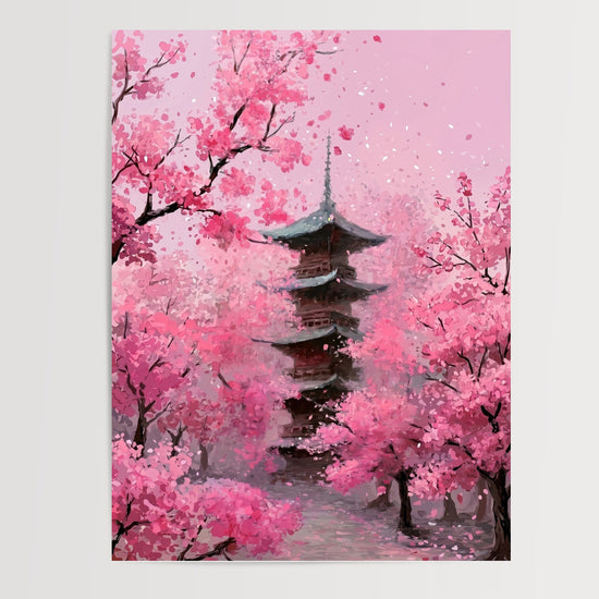 Poster Japon pagode et cerisiers - Douceur rose d'un printemps sans fin — Vierge - poster-presentation-produit