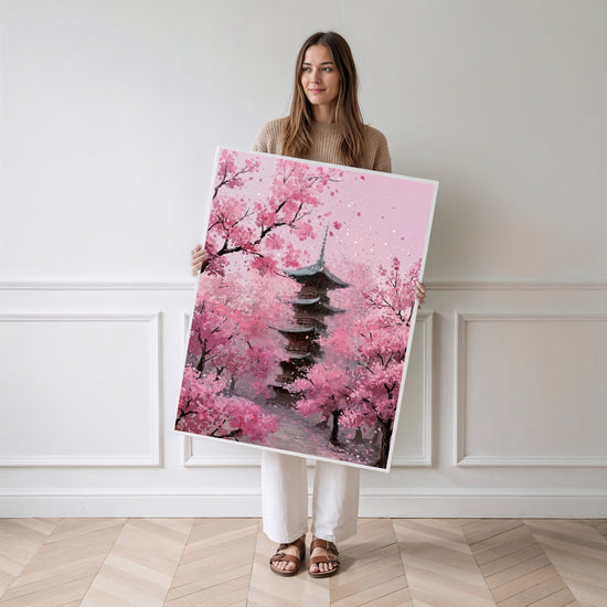 Poster Japon pagode et cerisiers - Douceur rose d'un printemps sans fin — Vierge - poster-femme-debout