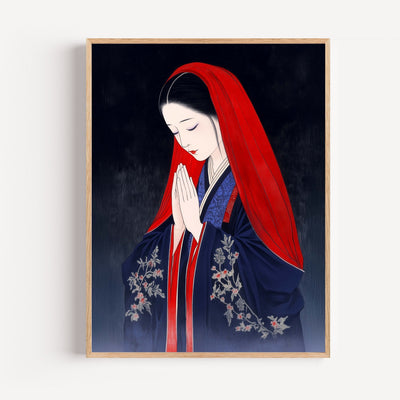 Japan Zen Poster – Betende Frau im Holzschnitt-Stil