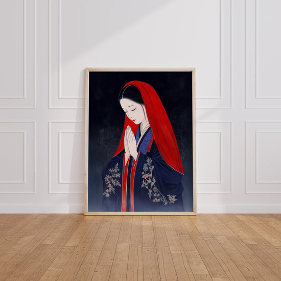 Poster Japon zen - Femme en prière aux couleurs d'estampe — Vierge - living-room