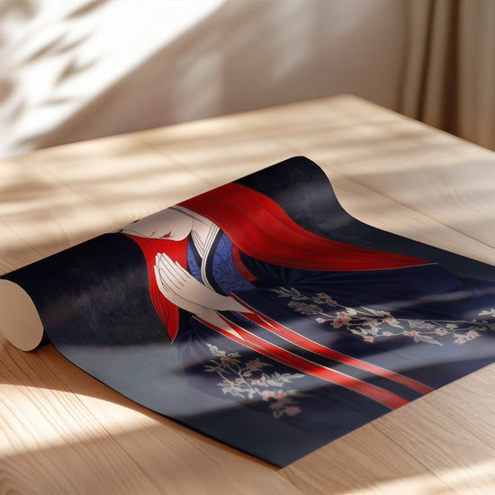 Poster Japon zen - Femme en prière aux couleurs d'estampe — Vierge - poster-enroullé