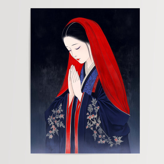 Poster Japon zen - Femme en prière aux couleurs d'estampe — Vierge - poster-presentation-produit