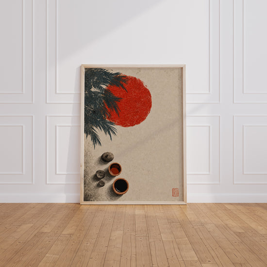 Poster japonais Cérémonie du thé - Soleil rouge et sérénité zen — Vierge - living-room