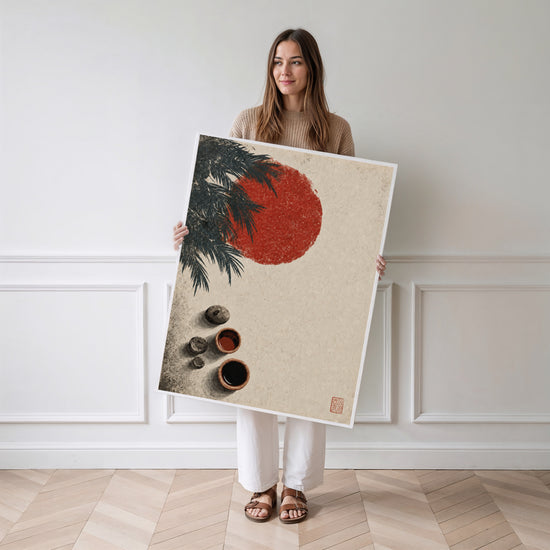 Poster japonais Cérémonie du thé - Soleil rouge et sérénité zen — Vierge - poster-femme-debout