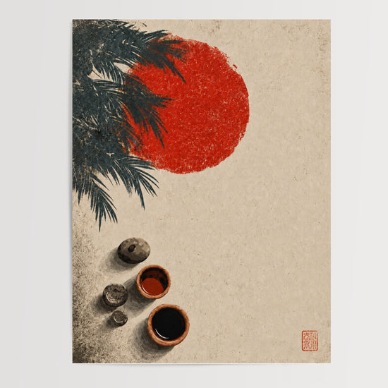 Poster japonais Cérémonie du thé - Soleil rouge et sérénité zen — Vierge - poster-presentation-produit