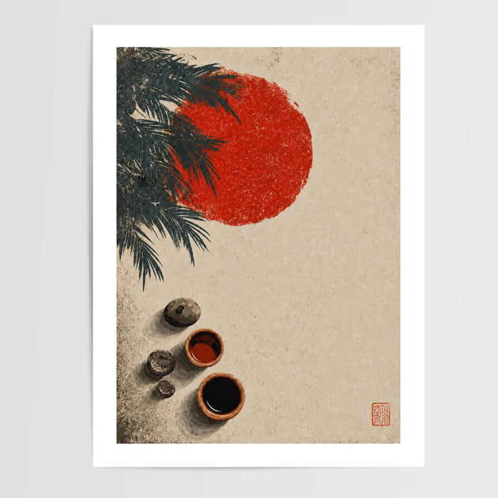 Poster japonais Cérémonie du thé - Soleil rouge et sérénité zen — Vierge - poster-presentation-produit — passe-partout blanc