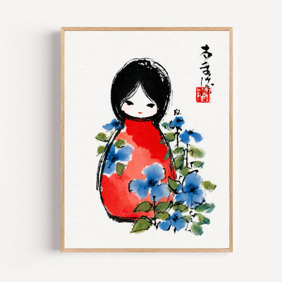 Poster japonais Fillette en kimono rouge - Grâce paisible et fleurs bleues