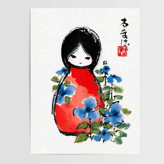 Poster japonais Fillette en kimono rouge - Grâce paisible et fleurs bleues — Vierge - poster-presentation-produit
