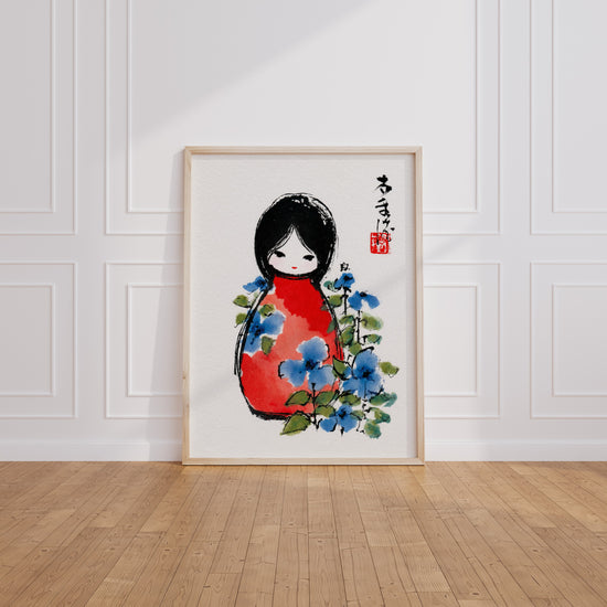 Poster japonais Fillette en kimono rouge - Grâce paisible et fleurs bleues — Vierge - living-room
