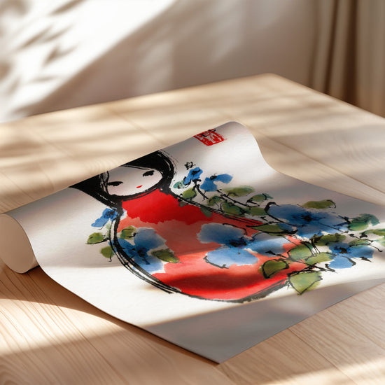Poster japonais Fillette en kimono rouge - Grâce paisible et fleurs bleues — Vierge - poster-enroullé