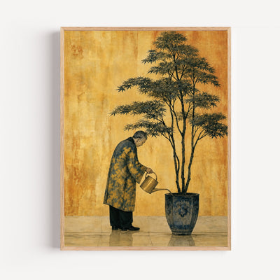 Poster japonais Jardinier et érable - Douceur zen sur fond doré