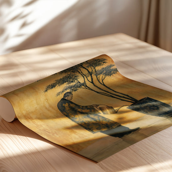 Poster japonais Jardinier et érable - Douceur zen sur fond doré — Vierge - poster-enroullé