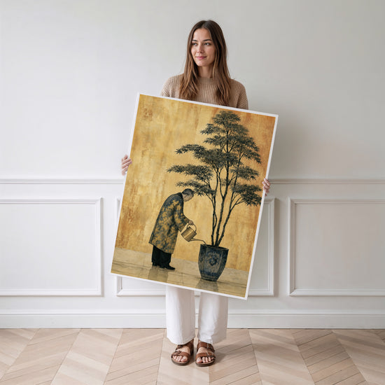 Poster japonais Jardinier et érable - Douceur zen sur fond doré — Vierge - poster-femme-debout
