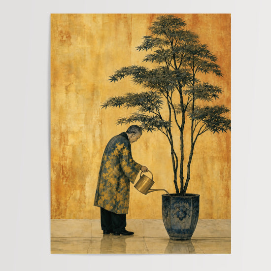 Poster japonais Jardinier et érable - Douceur zen sur fond doré — Vierge - poster-presentation-produit