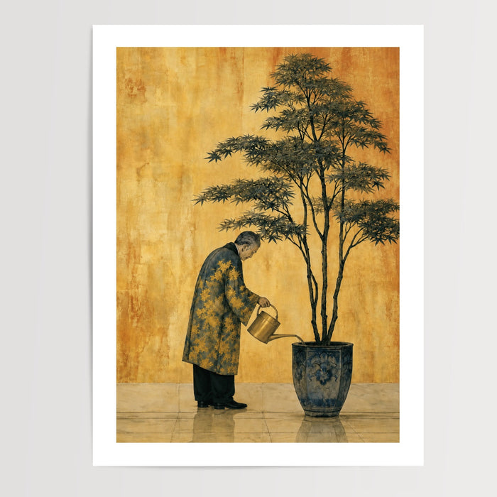 Poster japonais Jardinier et érable - Douceur zen sur fond doré — Vierge - poster-presentation-produit — passe-partout blanc