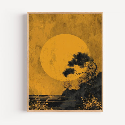 Poster japonais pin et soleil doré - Sérénité zen au crépuscule