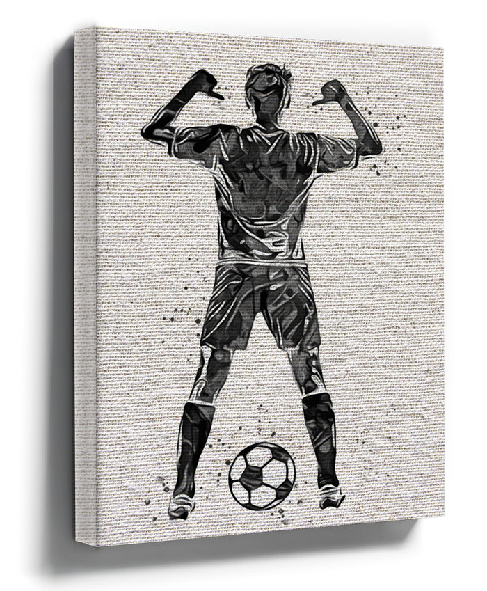 Black and white soccer player silhouette canvas wall art with ball