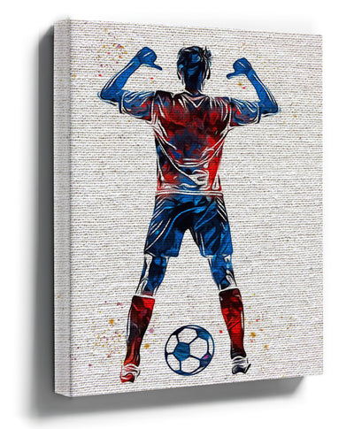 De afbeelding toont een illustratie in blauw en rood met de kleuren van het Franse elftal van een voetballer op de rug, met de armen omhoog, en een voetbal voor zich. De stijl is artistiek met vloeiende motieven.