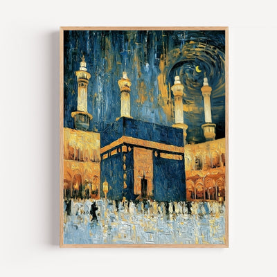 Kaaba poster in diepblauw en goud – islamitische wanddecoratie