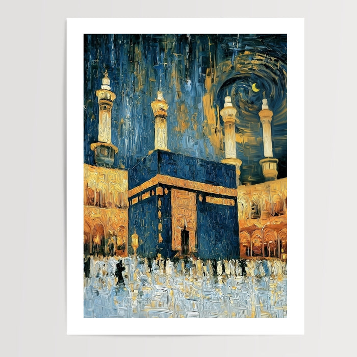 Poster Kaaba - Ferveur d'une nuit baignée de bleu et d'or — Vierge - poster-presentation-produit — passe-partout blanc