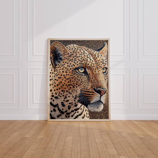 Luipaard poster in pointillisme – woonkamer interieur