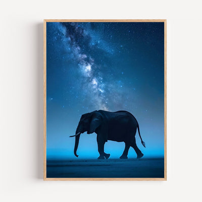Póster Elefante bajo las estrellas - Silueta majestuosa y Vía Láctea