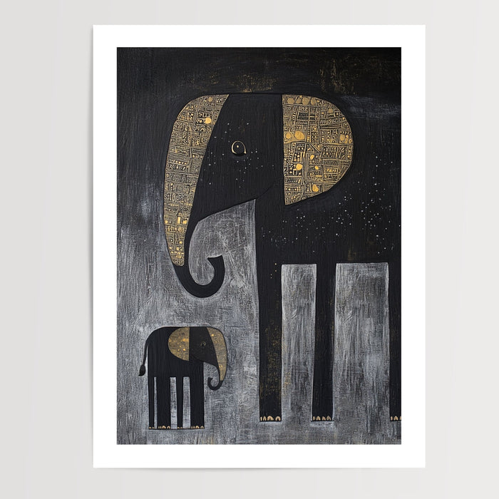 Poster Éléphants africains - Duo majestueux en noir et or — Vierge - poster-presentation-produit — passe-partout blanc