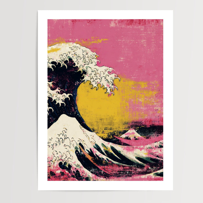 Poster La Grande Vague d'Hokusai - Version rose pop et noir profond — Vierge - poster-presentation-produit — passe-partout blanc