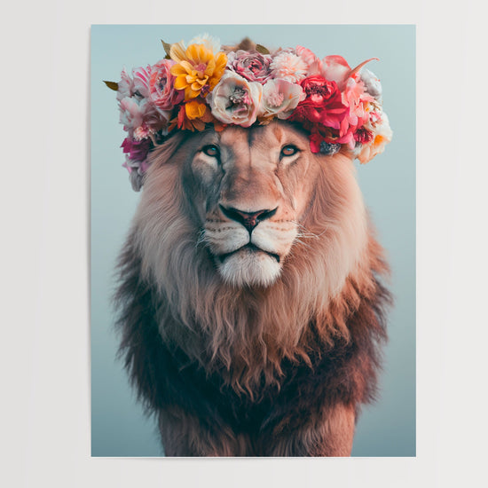 Poster Lion couronné de fleurs - Force paisible et douceur bucolique — Vierge - poster-presentation-produit
