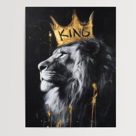 Poster Lion couronné - Street art noir et or au caractère royal — Vierge - poster-presentation-produit
