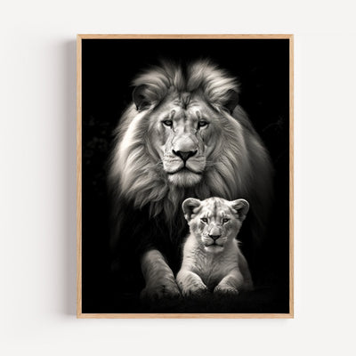 Löwe & Löwenbaby Poster – Schwarz-Weiß, Nahaufnahme