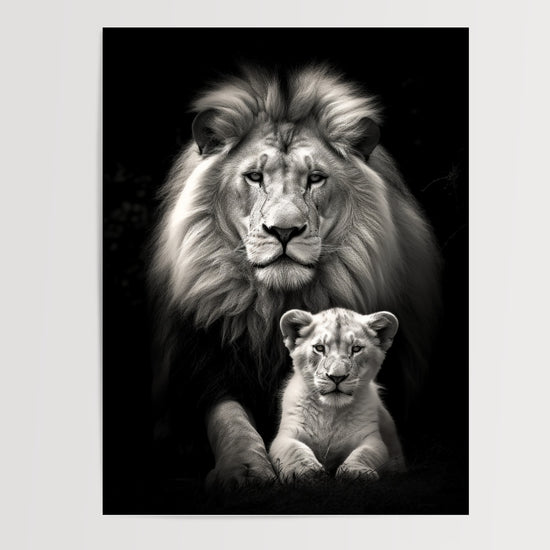 Poster Lion et lionceau - Tendresse sauvage en noir et blanc — Vierge - poster-presentation-produit