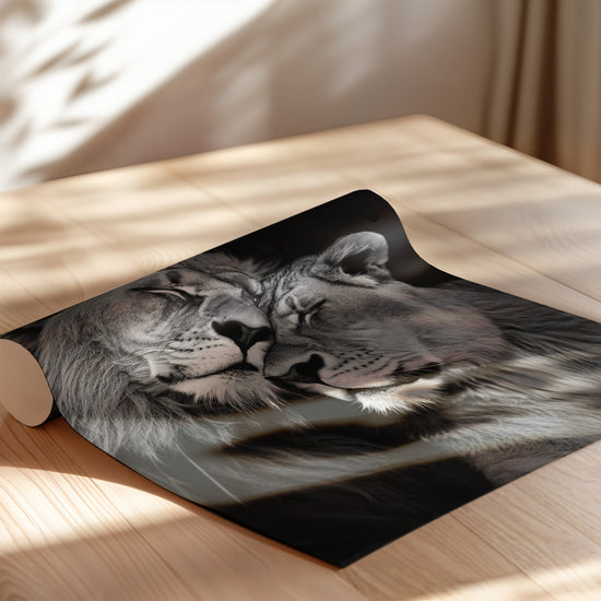 Poster Lion et Lionne - Étreinte complice en noir et blanc — Vierge - poster-enroullé