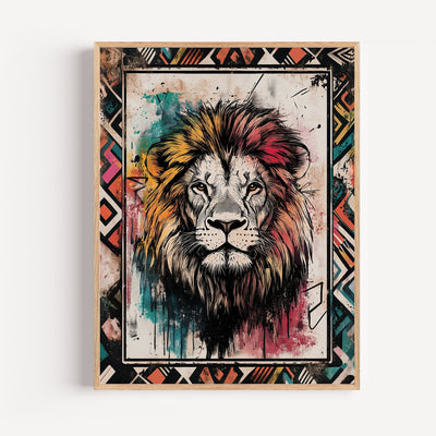 African Lion Wall Art Print with Wax Print Patterns