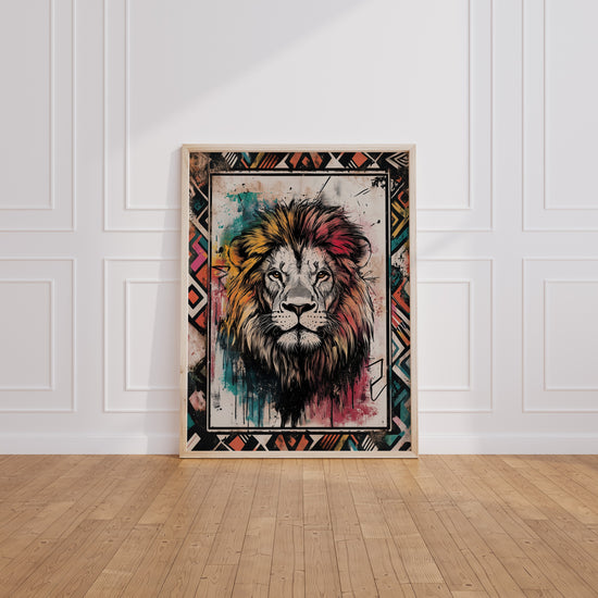 Poster Lion ethnique - Le roi des animaux paré de motifs africains — Vierge - living-room
