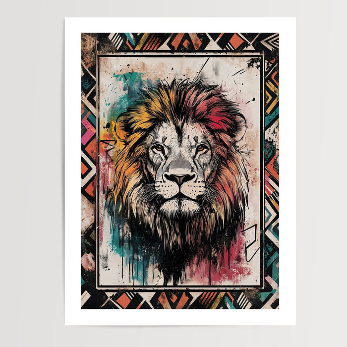 Poster Lion ethnique - Le roi des animaux paré de motifs africains — Vierge - poster-presentation-produit — passe-partout blanc