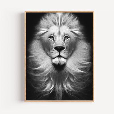 Póster de león en blanco y negro — retrato con mirada intensa