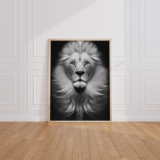Poster Lion noir et blanc - Le regard puissant du roi des animaux — Vierge - living-room