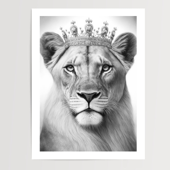 Poster Lionne couronnée - Allure royale en nuances de gris — Vierge - poster-presentation-produit — passe-partout blanc