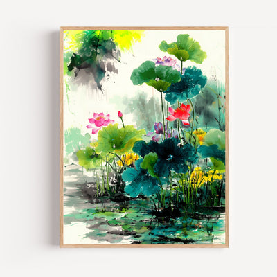 Chinese Lotus Watercolor Poster – Tranquil Lotus Pond Print