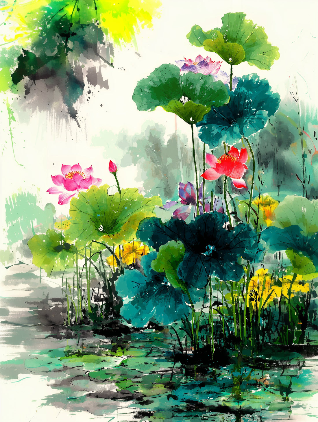 Poster Lotus chinois - Douceur aquarelle d'un étang en fleur